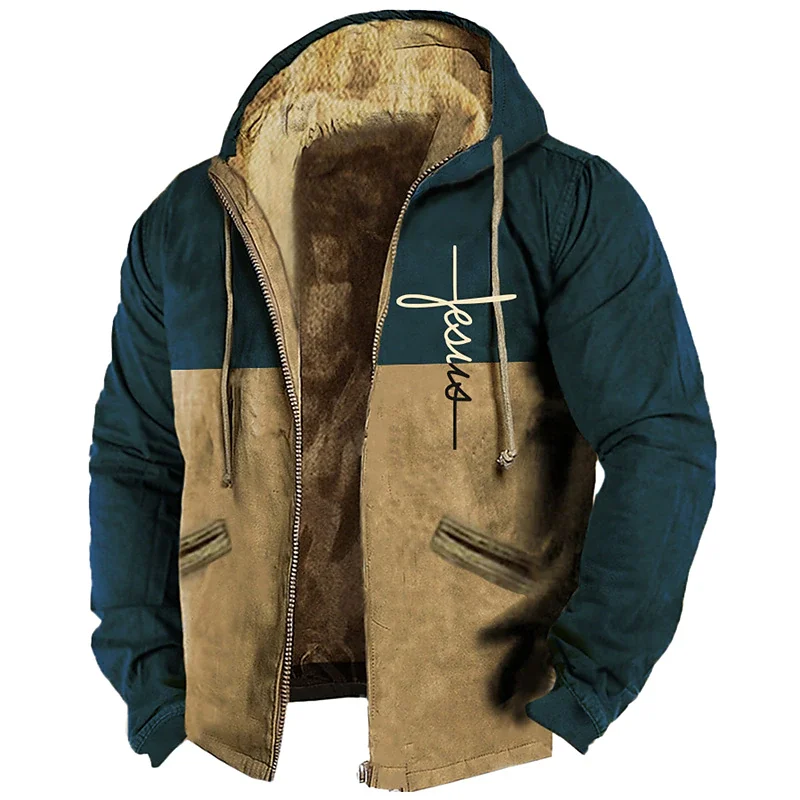 Winterjassen voor heren Fleeced herenjassen Opvulling Windjack Jezus Christus print Hoodies met rits Parka's Warme bovenkleding Sweatshirt