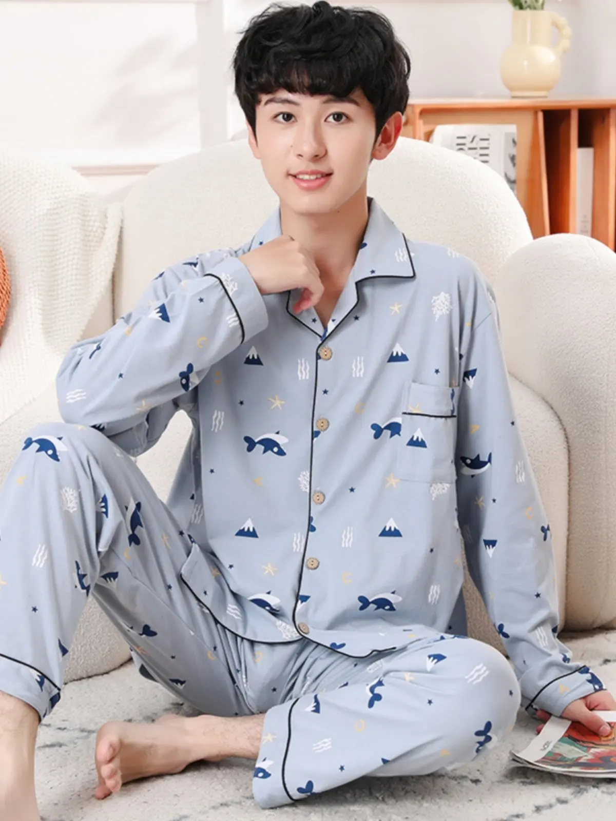 teenage-boy's-long-sve-cotton-pajamas-spring-autumn-home-clothes-pure-cotton-comfortable-spwear-for-middle-school-students