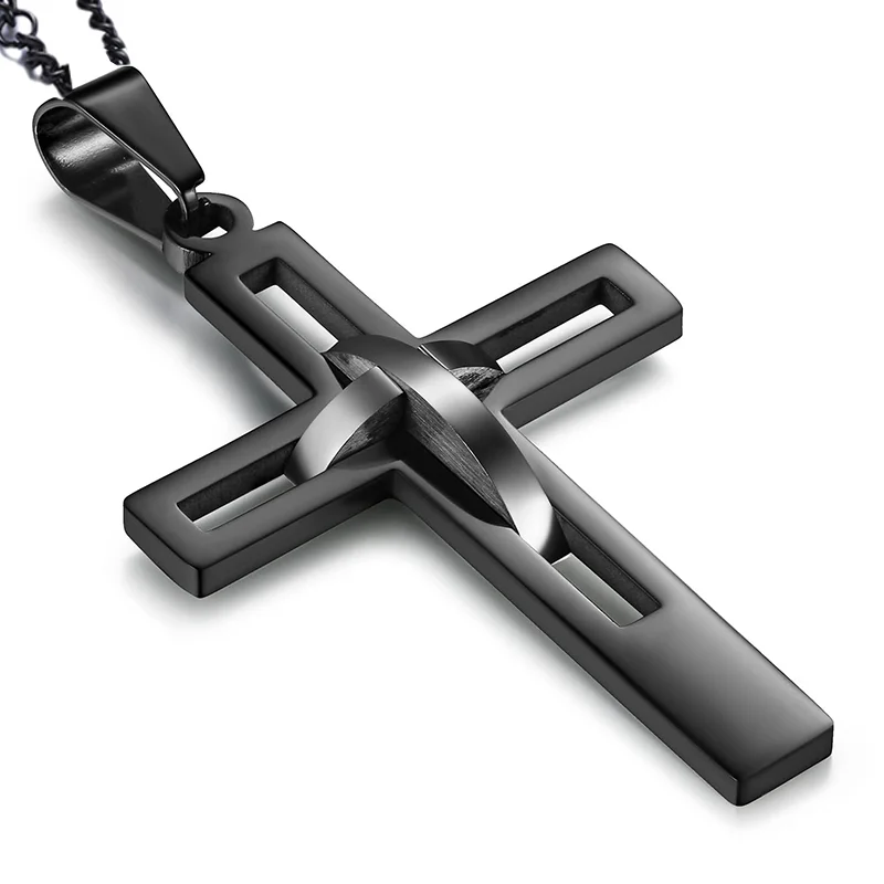Herren Vintage Edelstahl ausgehöhlte Dual-Kreuz-Anhänger-Halskette, Kreuz-Halskette, Kohlefaser-Anhänger als Geschenk