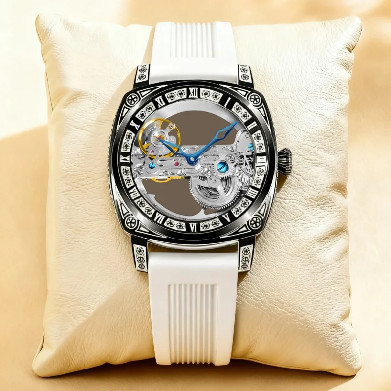

A men's white tape stylish hollow-out transparent high-end mechanical watch