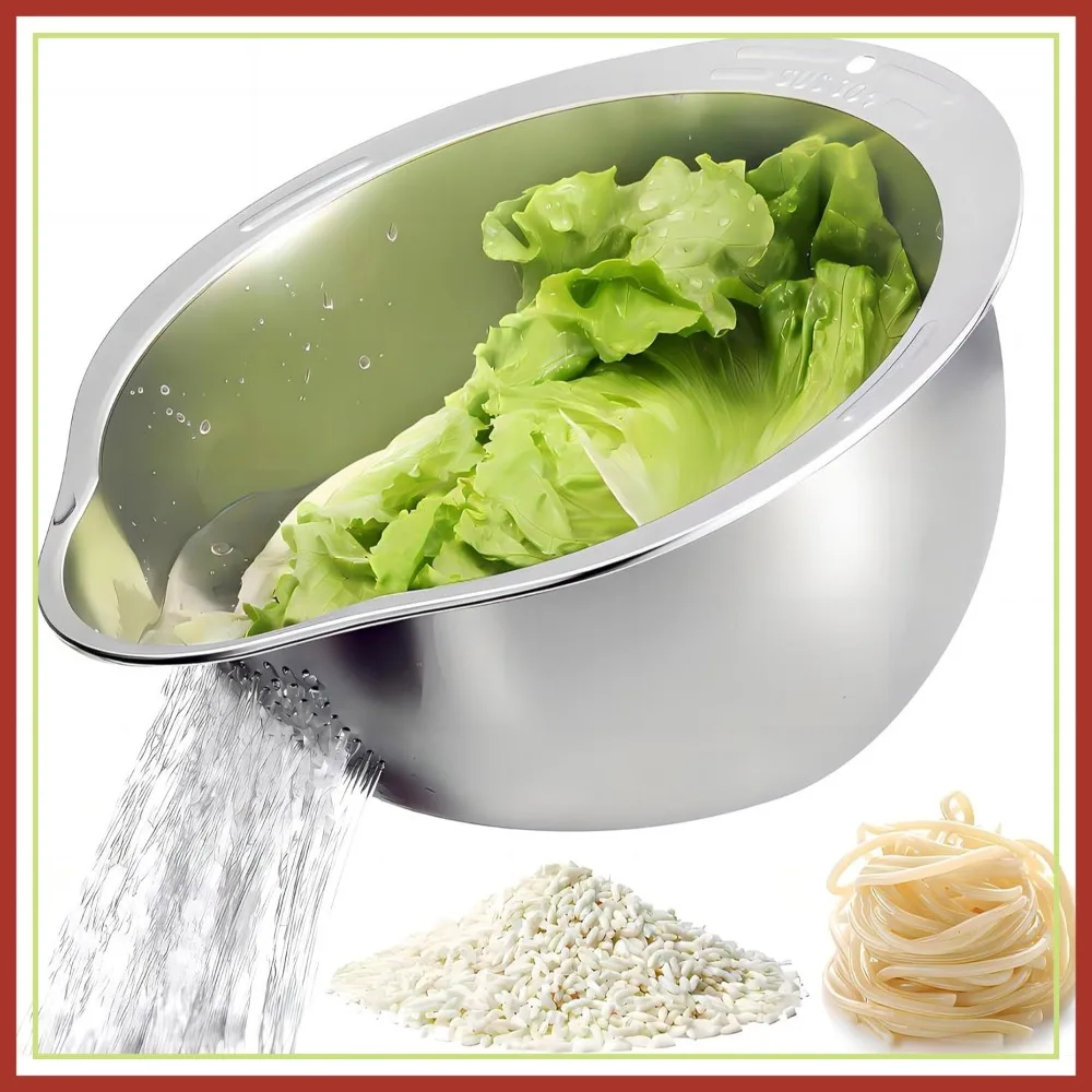 

4-in-1 Rice Washing Bowl - Stainless Steel Colander for Quinoa, Fruit and Vegetable Wash - Multi-Purpose Rice Strainer and Colander for Kitchen