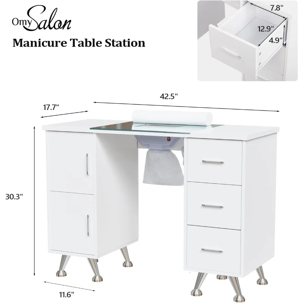 Manicure Table Nail Desk for Nail Tech w/Glass Top & Wrist Rest, Beauty Salon Nails Supplies Decor Workstation Acetone Resistant