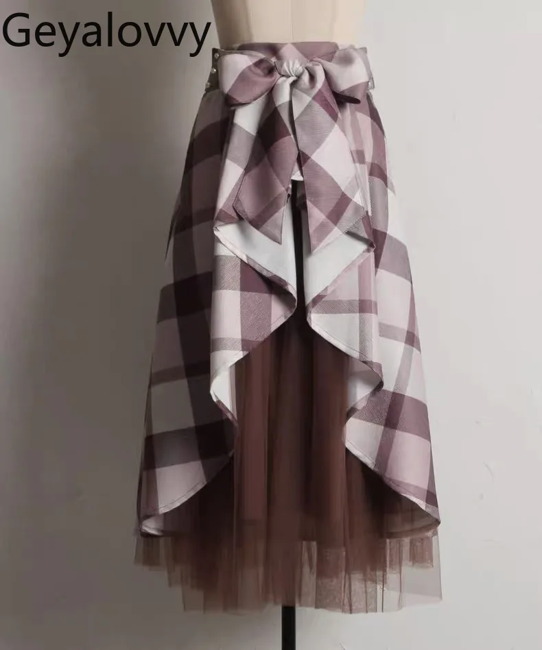

Autumn New Japanese Style Ruffled High Waist Long Skirt Fashion Sweet Plaid Tweed Mesh Patchwork Bowknot A-line Skirts