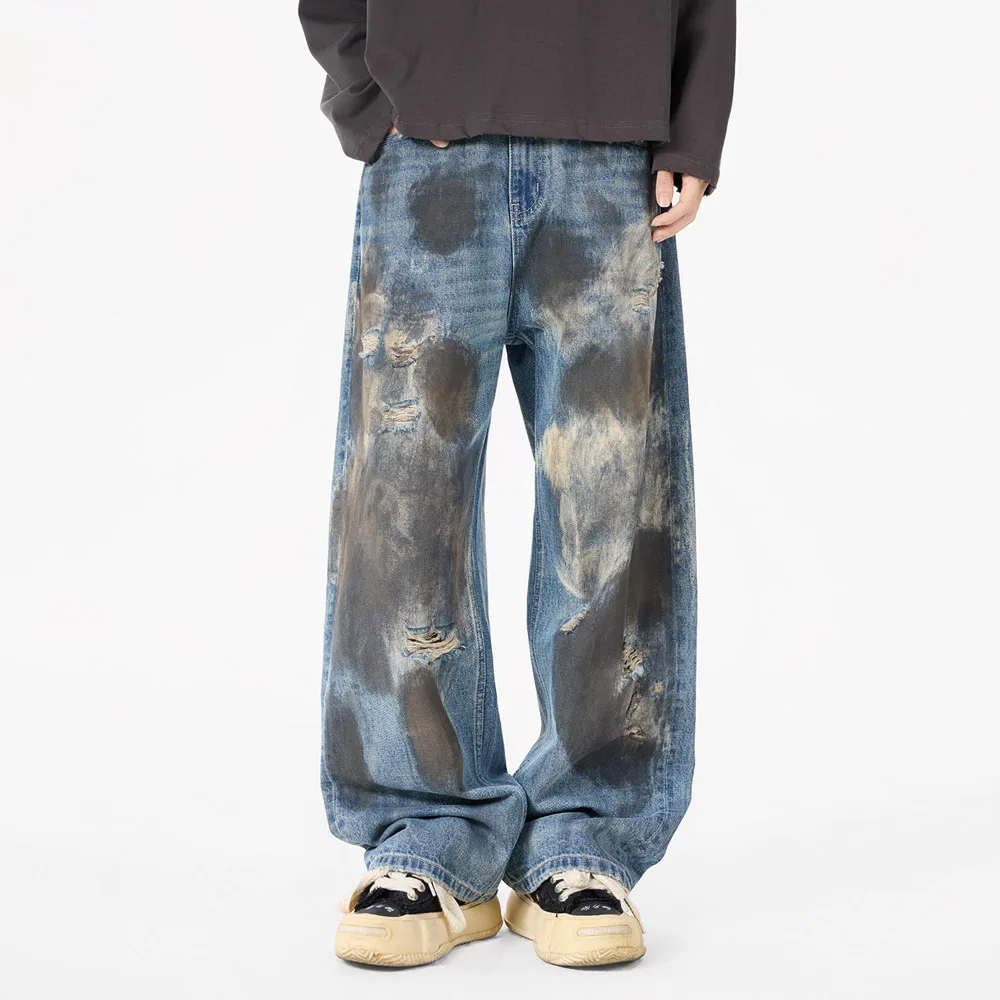

Брядно-синие джинсовые рваные джинсы с дырками, мужская уличная одежда в стиле хип-хоп, свободные повседневные винтажные широкие прямые мешковатые джинсы, брюки, брюки