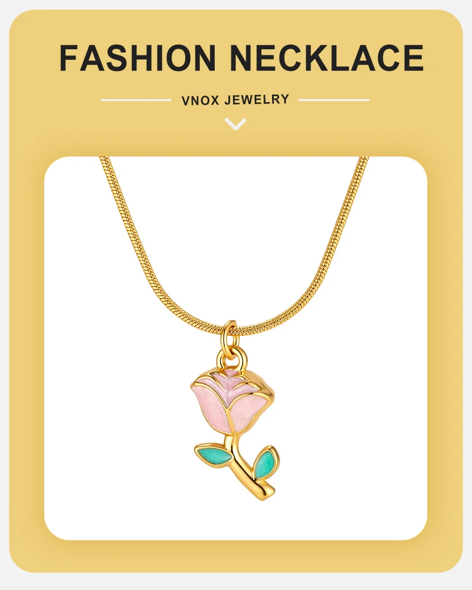 Vnox Süße Emaille Rosa Rosenblüten-Anhänger Halskette für Frauen, Goldfarbener Blumenanhänger, Schlangenkette, Romantisches Schmuckgeschenk – Detail 1