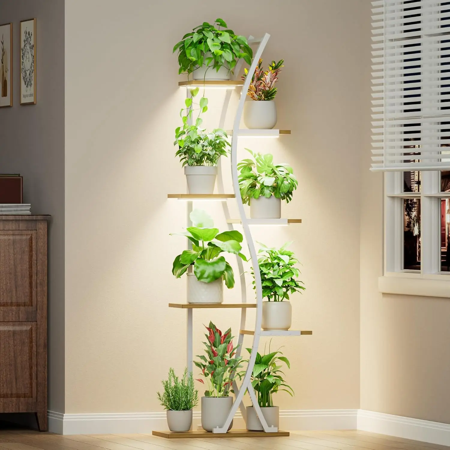 

62" Indoor Plant Stand with Grow Lights - 7 Tier Metal Shelf for Plants, S-Shape Flower Rack for Living Room, Garden Decor