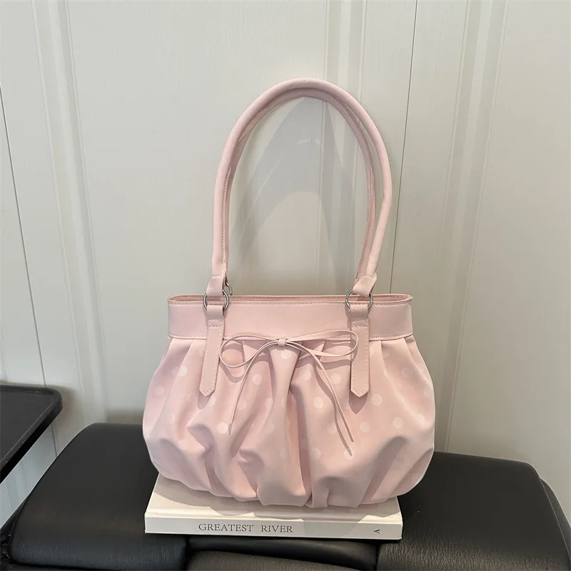 Polka Dot Ruched Shoulder Bag Women Bow Fashion Large Capacity Hobo Bag Girls Retro Cute Designer Pink Handbag For Daily Commut