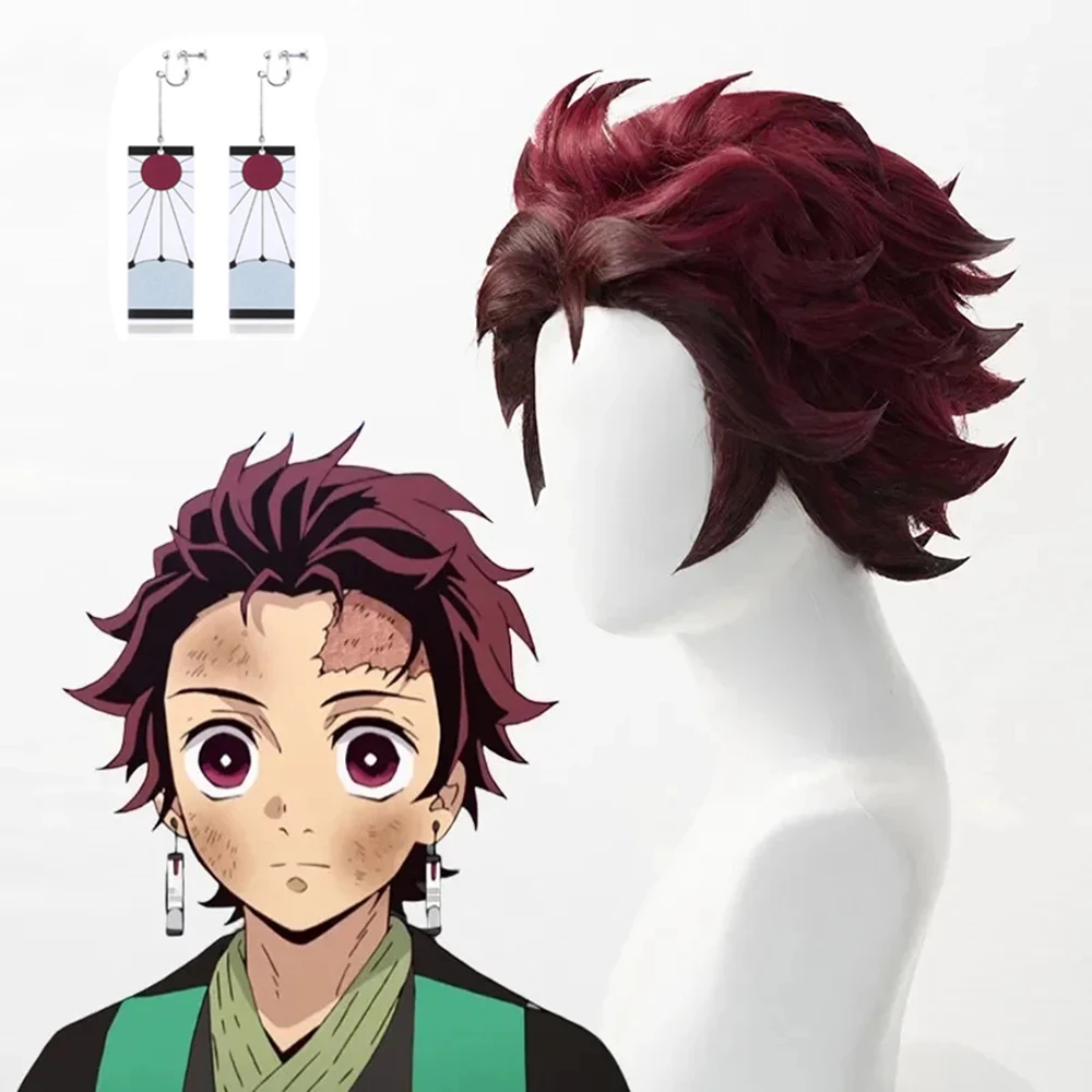 Dämonentöter Tanjiro Kamado, kurzes kastanienbraunes hitzebeständiges Haar, Cosplay-Perücke, synthetisch