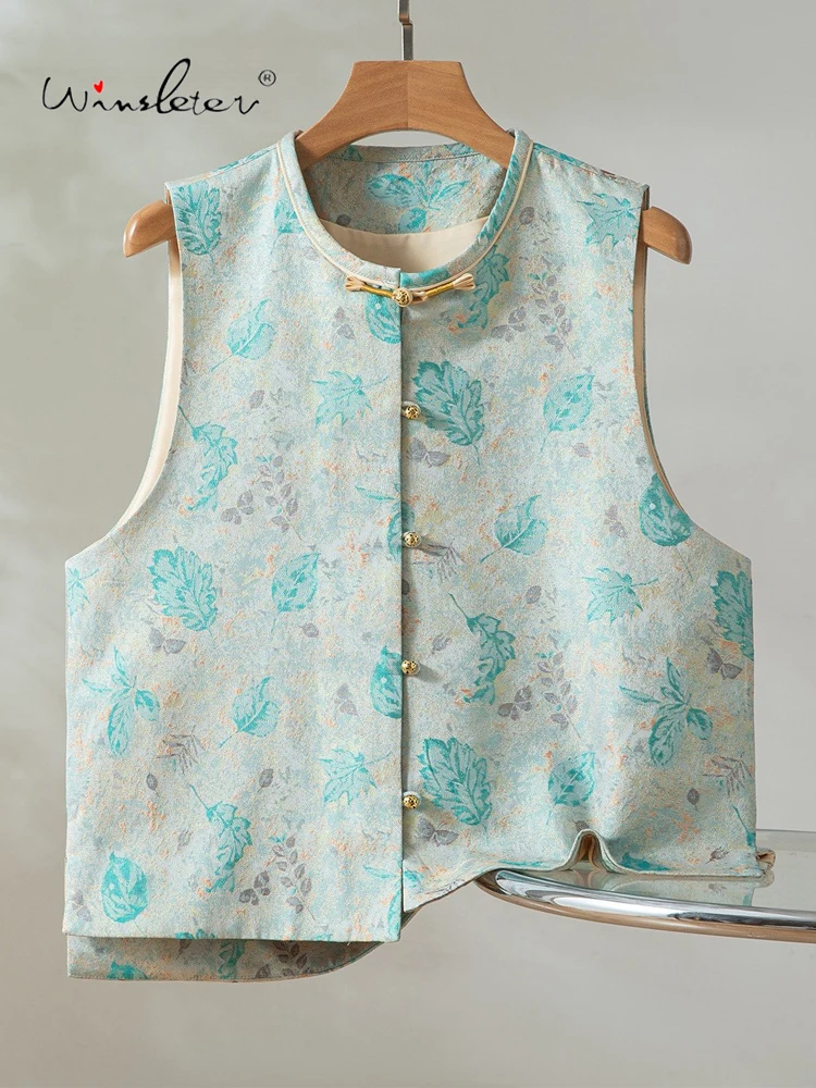 

Winsleter-100%Real Silk Song Brocade Elegant Vest Coat, O Neck Leaf, Women New Chinese Style Waistcoat, 2026 Spring C61333CC
