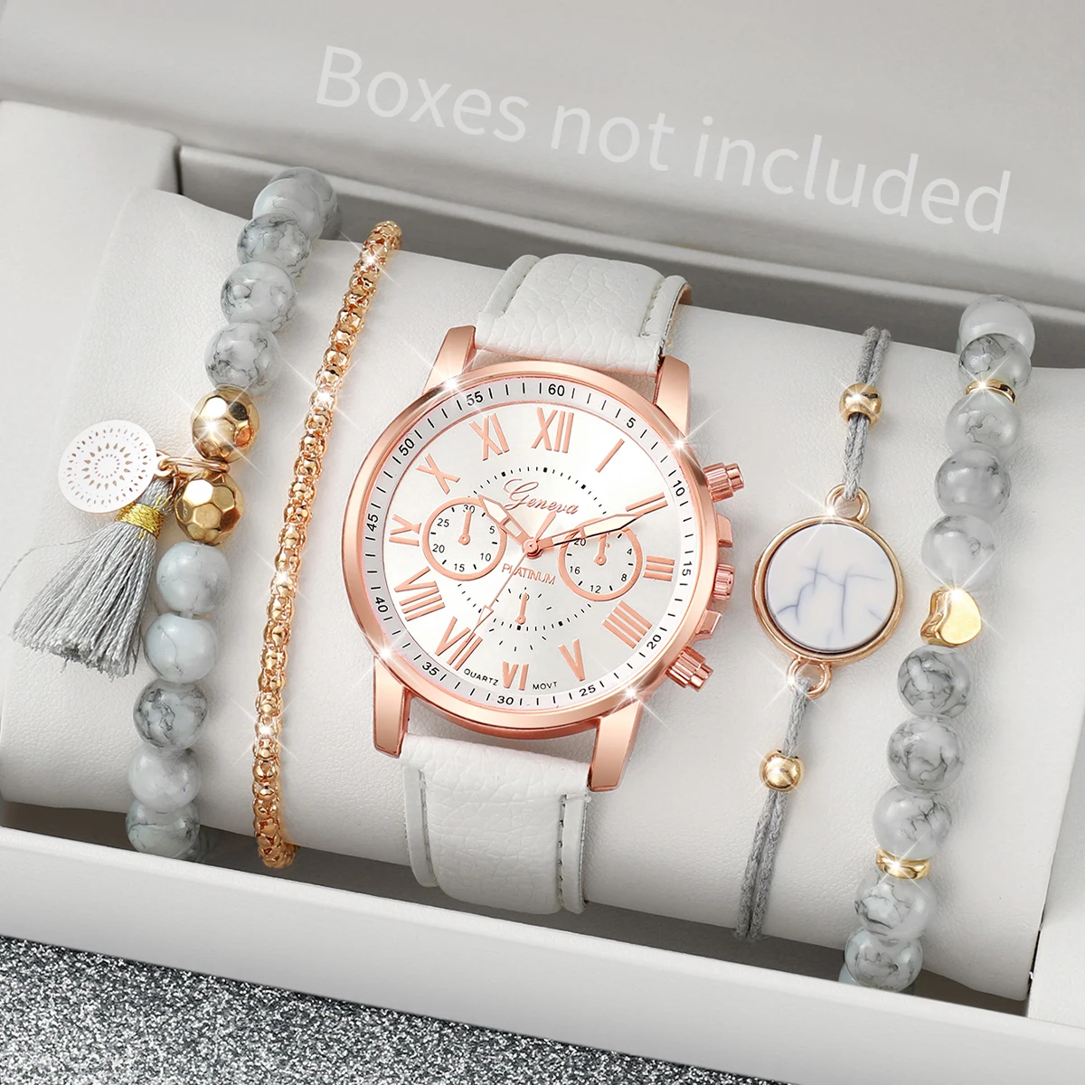 5PCS/Set Women Watches White Turquoise Beads Bracelets Set Fashion Geneva Watch Leather Band Quartz Wristwatch ( Without Box )