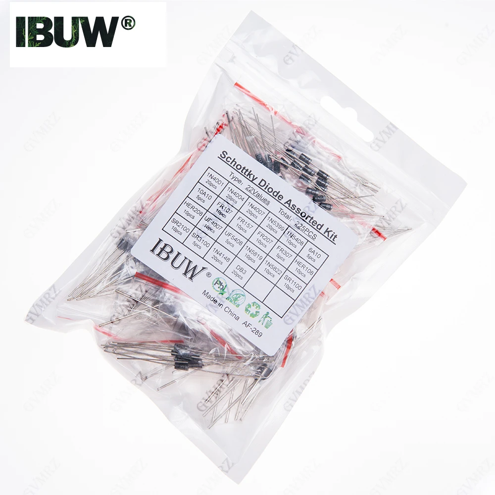 225PCS 22Values Schottky Diode Assorted Kit 1N4001 1N5819 1N4007 1N4148 DB3 6A10 10A10 for Electronic Rectification  Component