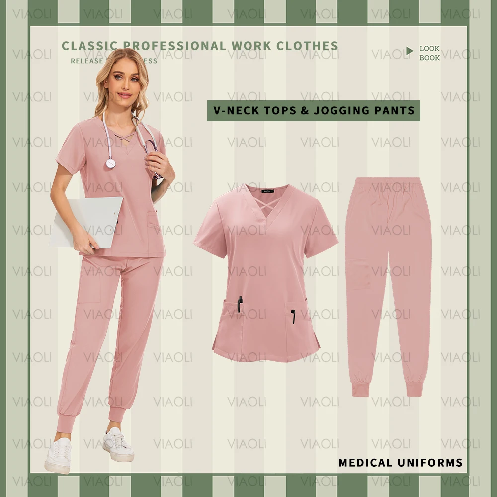 Mulheres com decote em v cor sólida vestuário cirúrgico, roupas de esfrega, conjunto de esfrega, corredores, tops, calças, hospital, médico, uniforme de enfermagem, moda