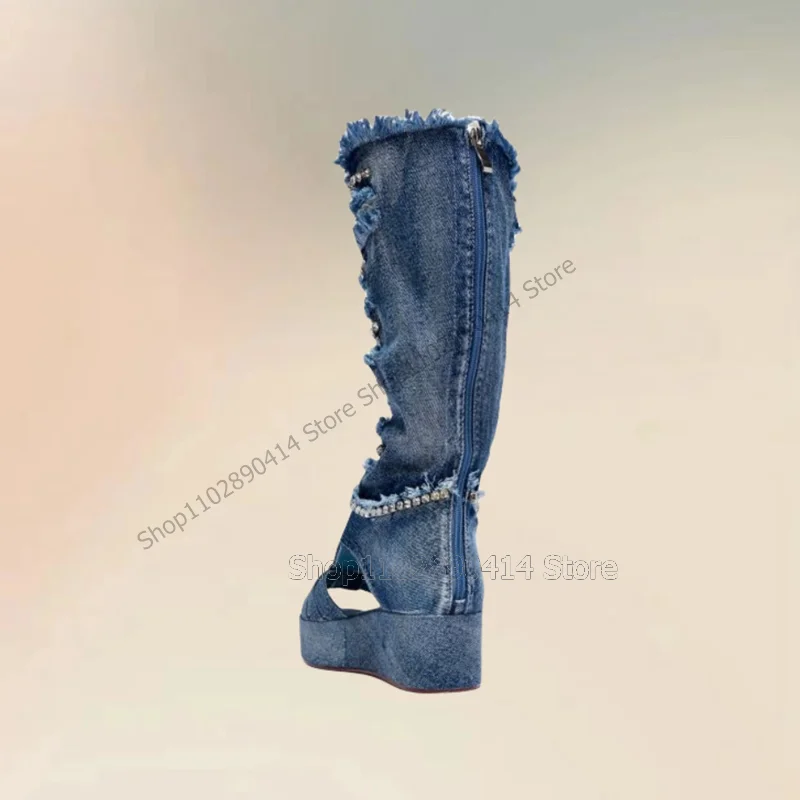 Blue Denim Crystal Decor Ruffles Design Sandals Boots Back Zipper Women Shoes High Top Open Toe Fashion 2024 Zapatos Para Mujere