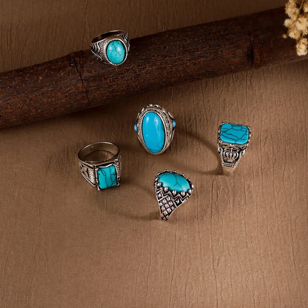 Creative Antique Western Country Ring Aesthetic Alloy Turquoise Ring Fashion Oval Vintage Ring Boys