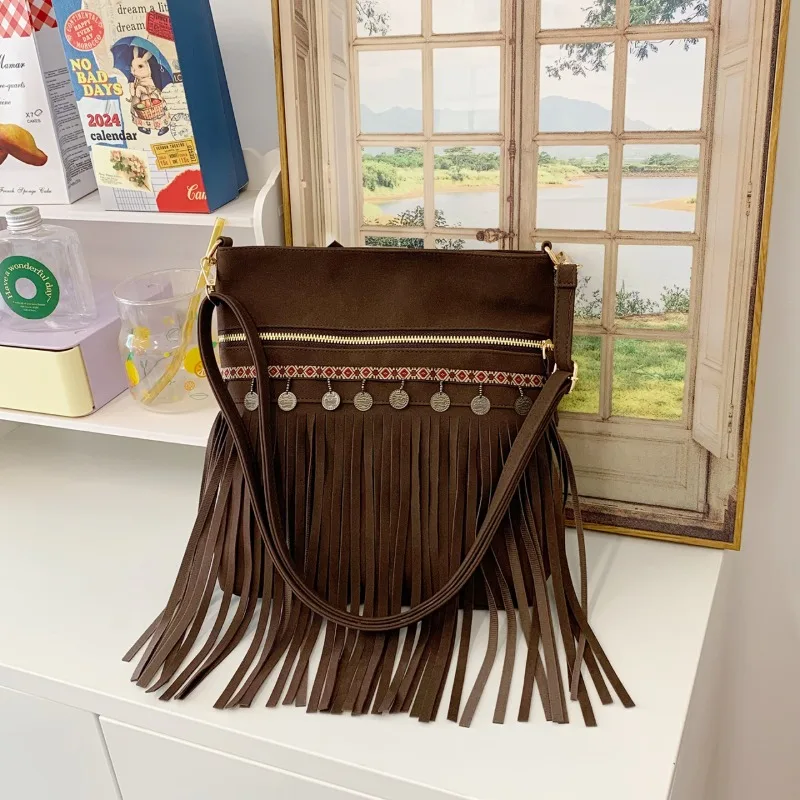 

2025 Fashion Bags for Women High Quality Travel Casual Shoulder Bags Pu Large Capacity Zipper Tote Bags Tassel Sequined Ethnic