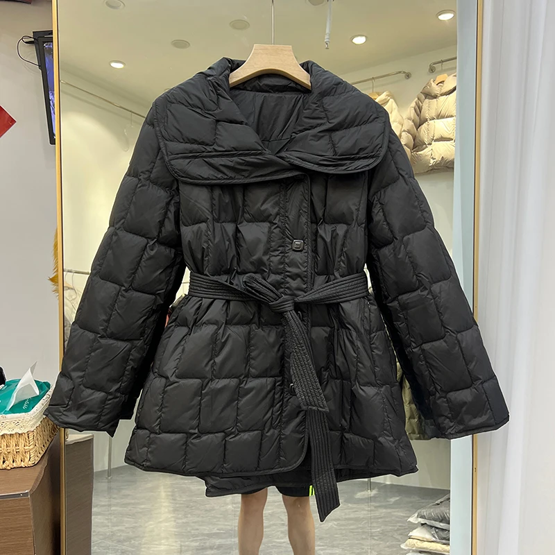 Winter Mid Length Large Lapel Down Jacket Women White Duck Down Big Pocket Loose Parker Outwear Female Thick Warm Lace Up Jacket