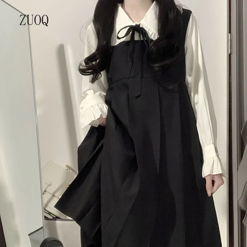 

Комплект женской одежды в японском стиле 2026: рубашка с воротником Питер Пэн и расклешенными рукавами + платье с квадратным воротником и завышенной талией на бретелях, комплект из двух предметов