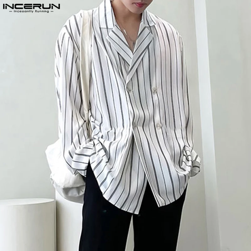 INCERUN-camisa a rayas de manga larga para hombre, ropa informal de doble botonadura, holgada, moda coreana, 2024