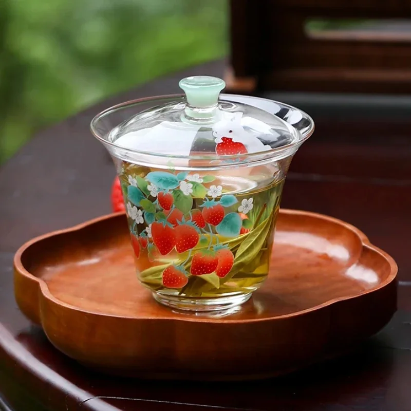 Luxury Heat-Resistant Strawberry Glass Gaiwan Tea Bowl for Home Services Elegant Tea Ceremony Accessories Glass Tea