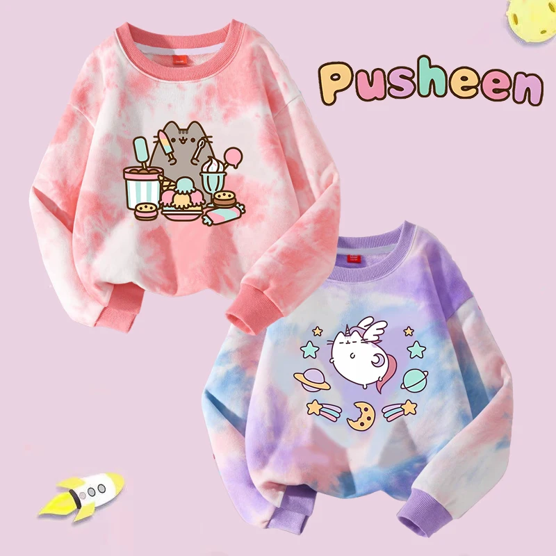 Pusheen Children Crewneck Sweater Anime Fat Cats Color Hoodies Cartoon Spring Autumn Crew Sweatshirt Sweatshirts Kids Clothes