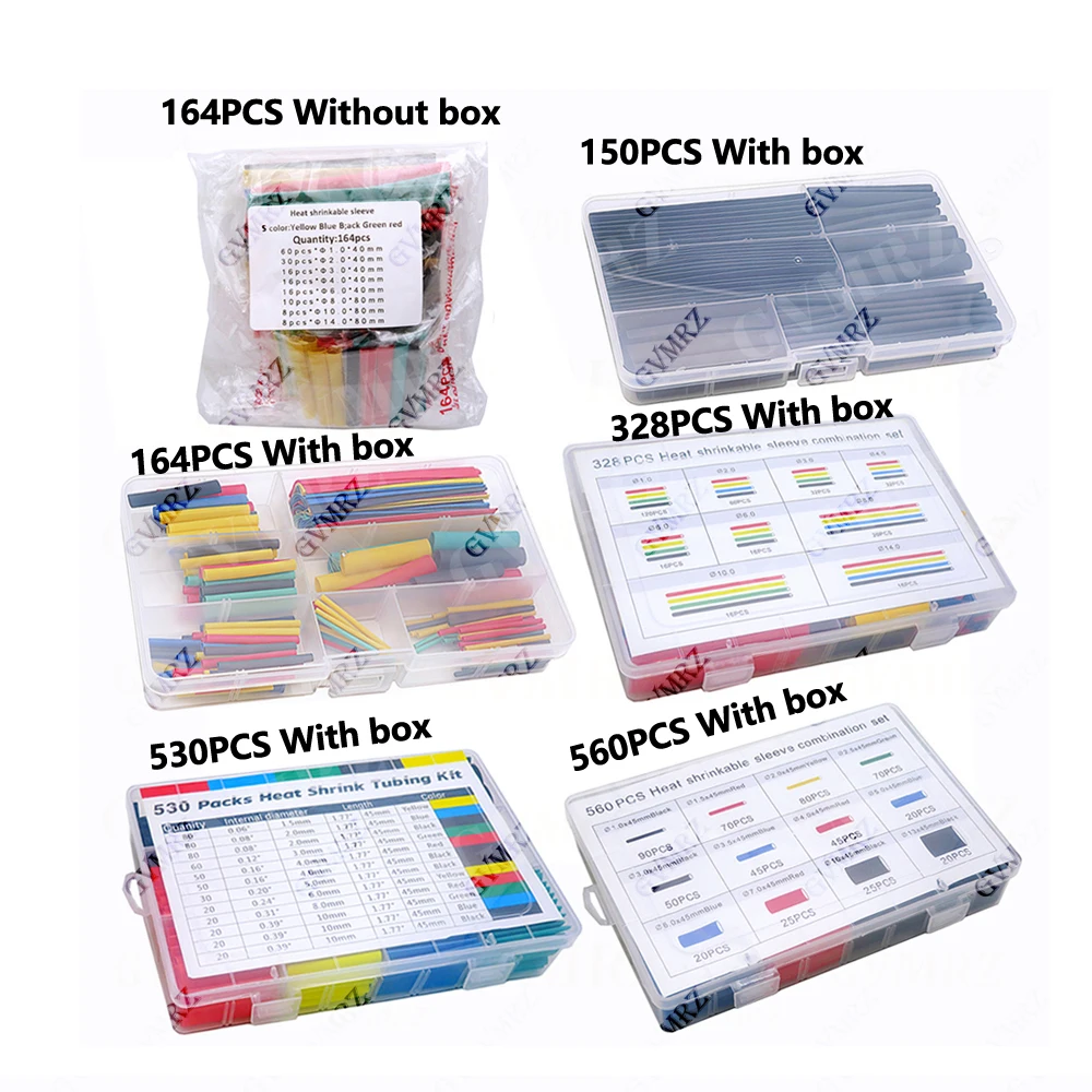 127PCS/164-560pcs Heat Shrink Tube Tubing Insulation Shrinkable Tube Assortment Electronic Polyolefin Wire Cable Sleeve Kit