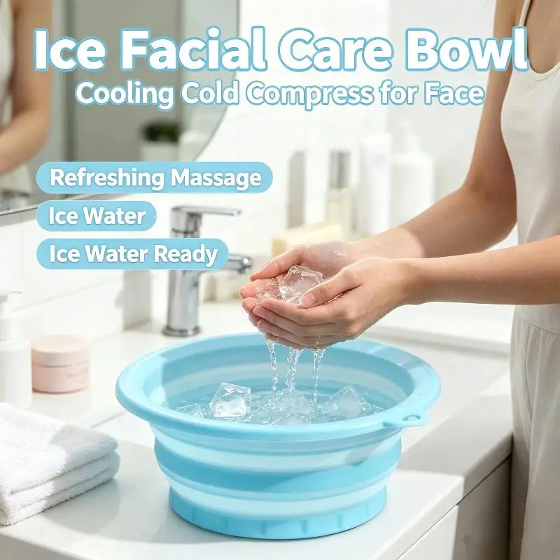 Silicone Foldable Ice Face Bowl Built-in Ice Tray Space Saving for Daily Facial Ice Massage Puffiness Relief Home Use