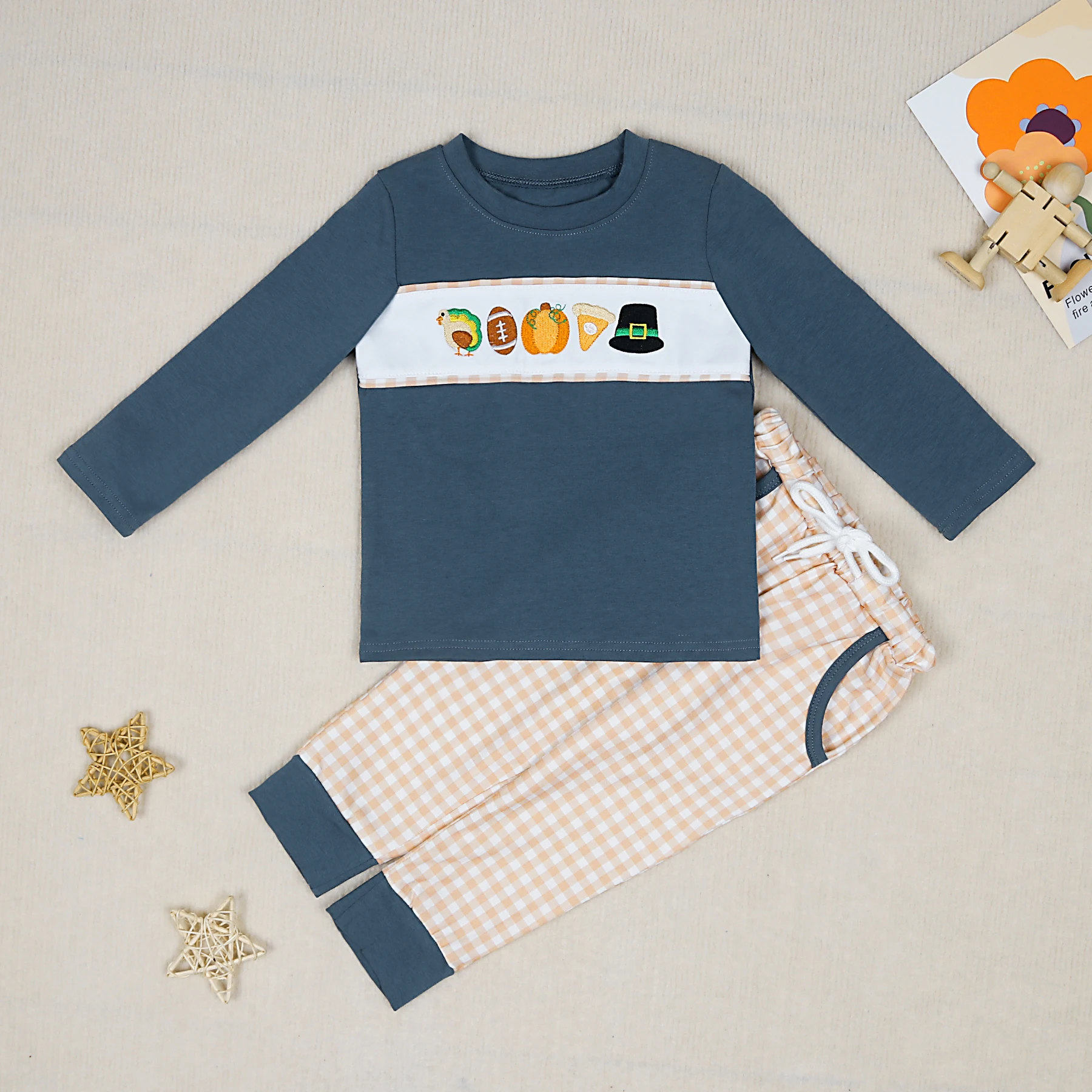 Baby New Cotton Long Sleeve T-shirt Set Round Neck Thanksgiving Turkey Embroidery Boy Blue Top Clothes And Orange Lattice Pants