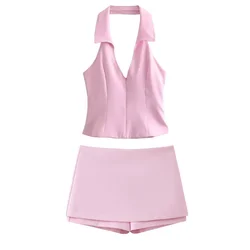 2024 Women Casual Skirts Shorts Set Chic Halter Shirt Neck Backless Top & Shorts Sweet Pink Summer Sexy Shorts Sets