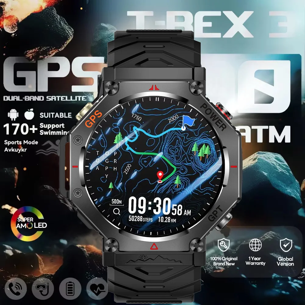 

Смарт-часы T-Rex 3 Ultra GPS, водонепроницаемые до 10 АТМ, со встроенным двухдиапазонным GNSS-компасом, военные спортивные смарт-часы для мужчин, новинка 2026 года, для активного отдыха