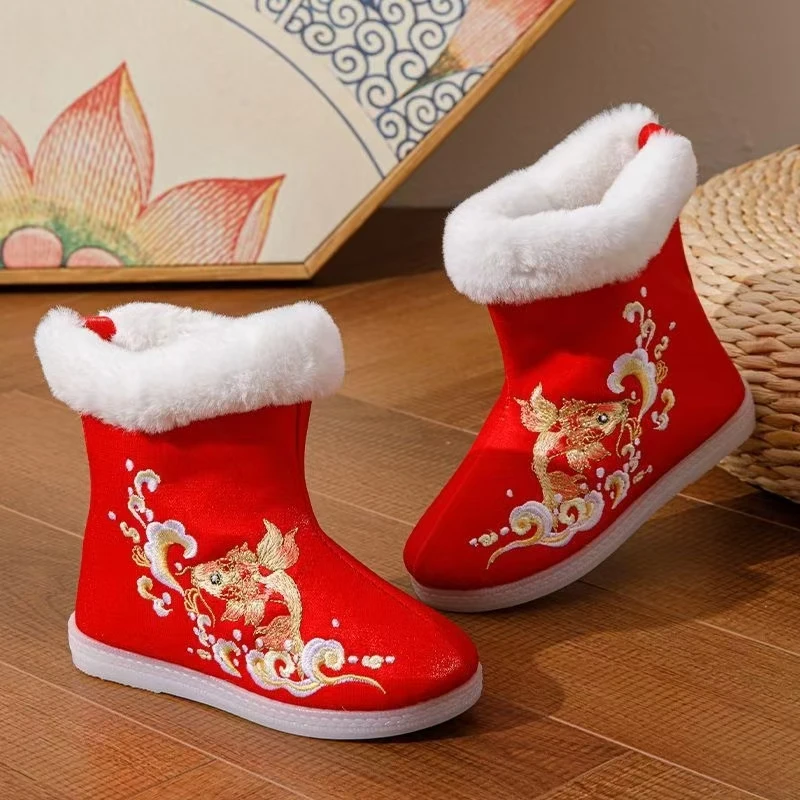 2024 Winter Children's Embroidered Cotton Boots Girls Soft Sole High Top Slip On Plush Warm Ethnic Style Hanfu Cotton Shoes