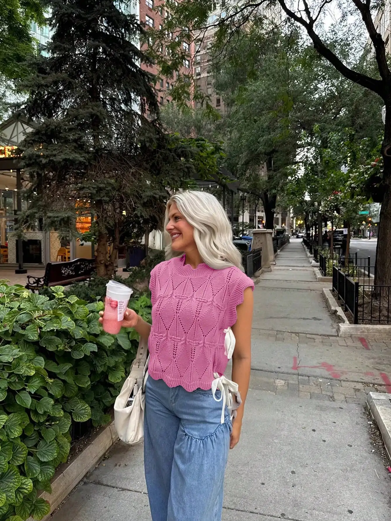 Pink Knit Sleeveless Vest with Ribbon Bows, Loose Fit Crochet Pattern Top for Spring Summer