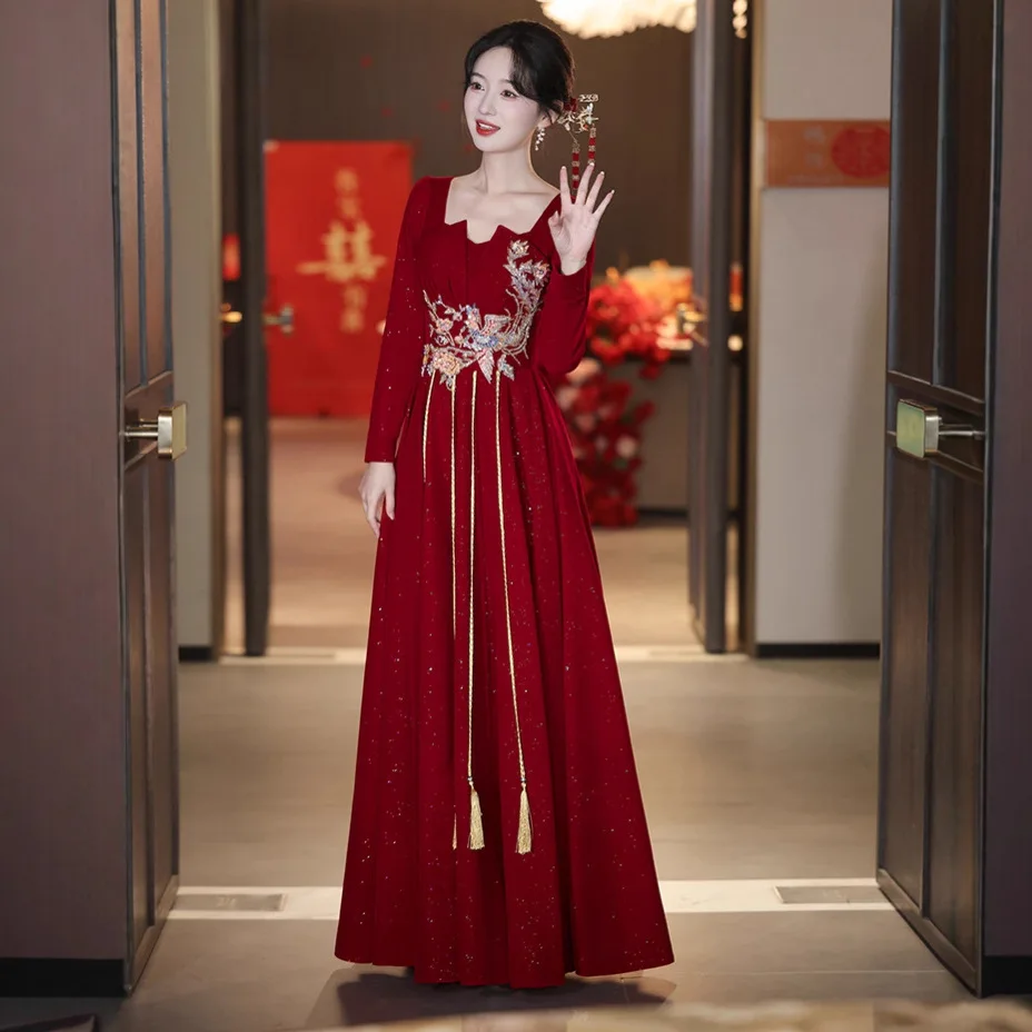 

New Chinese Style Wedding Party Dress Bride's Toast Clothes Elegant Temperament Long Cheongsam Plus Size Engagement Gown Qipao
