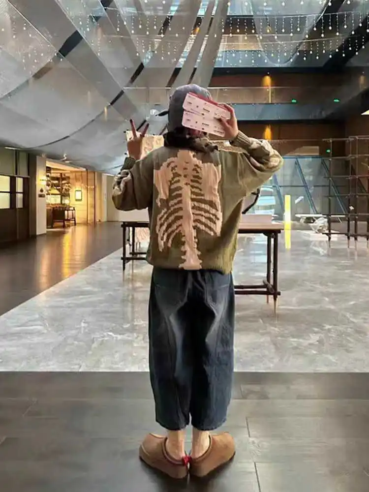 KAPITAL Hirata Kazuhiro Bone Two Tone Perforated Long Sleeved Loose Fitting Pullover Sweater for Men and Women