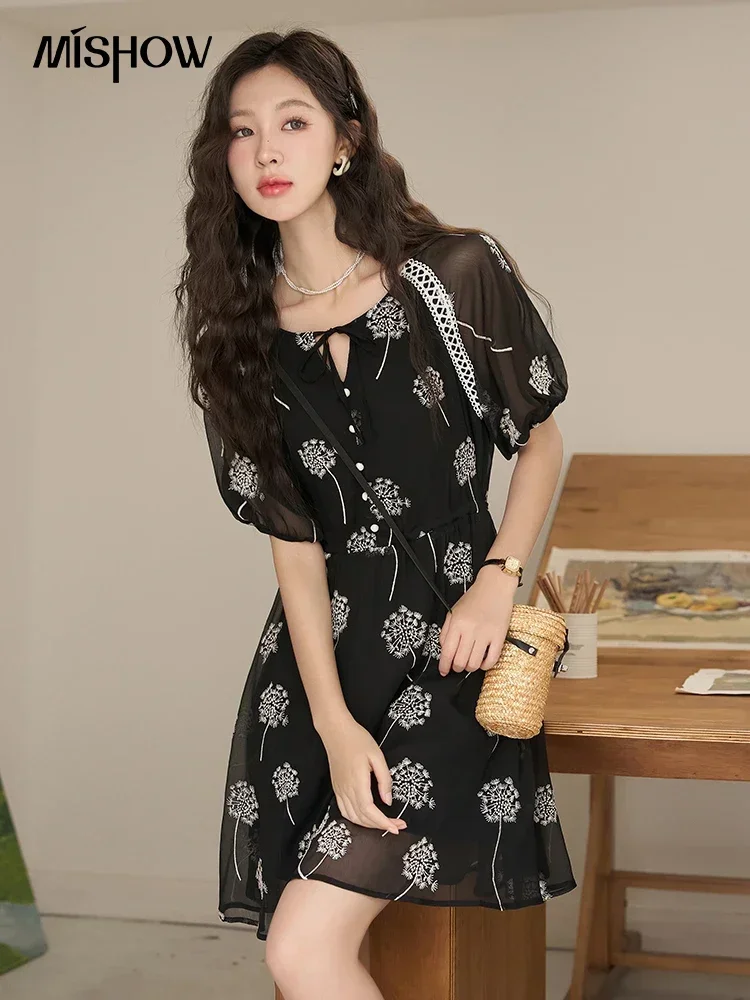 

MISHOW【Taraxacum Series】Black Embroidered Dress for Women 2023 Summer French Tea Break Lace-up Retro Romantic Dresses MXC39L1567