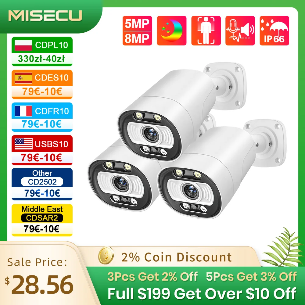 MISECU H.265 5MP 8MP 1-3PCS AI POE Camera Two-way Communication Human Detect Outdoor Camera For CCTV System Surveillance Camera