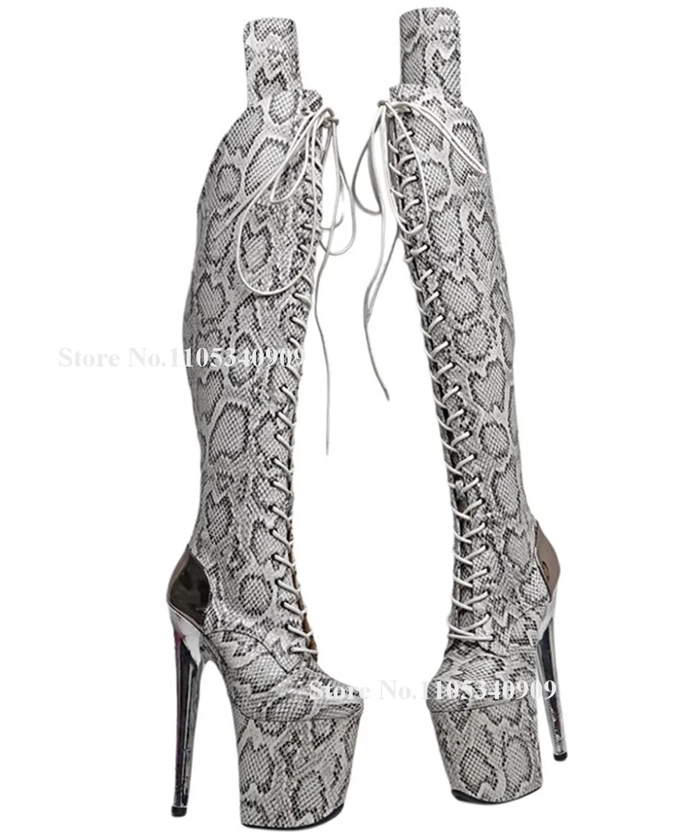 Bondarenko Snakeskin Leather Silver Stiletto Heel Knee High Boots Round Toe Patchwork Lace-up High Platform Thin Heel Dance Shoe