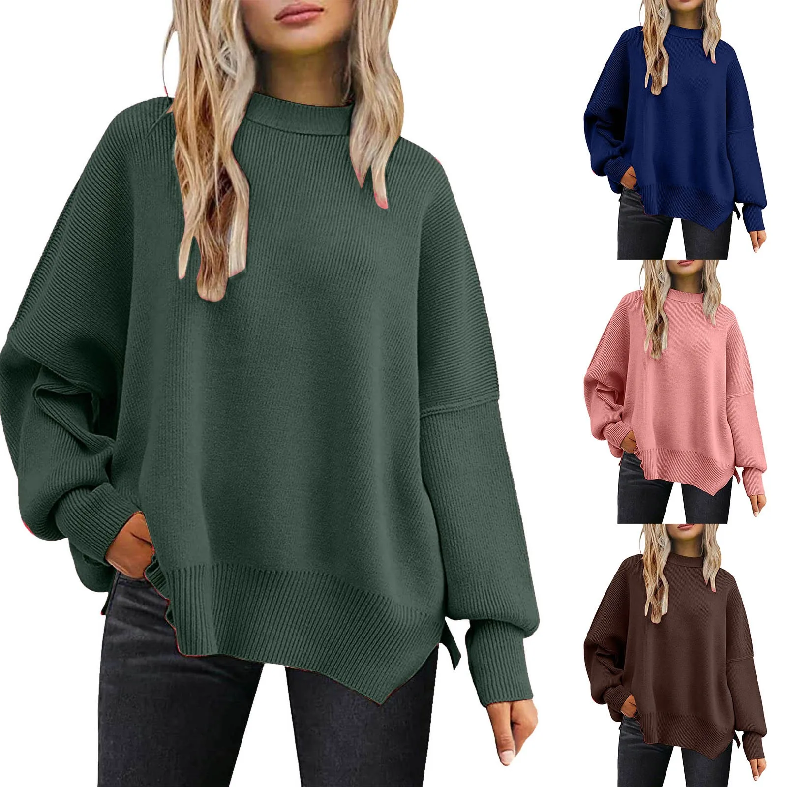 European American Round Neck Bat Wing Long Sleeved Sweater for Women Spring Autumn New Knitted Side Slit Pullover Fashion Tops