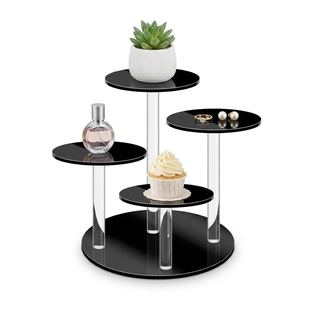 

Black Acrylic Display Stand 4 Tier Round Risers, Cupcake Dessert Stand for Party, Small Display Shelf for Jewelry Perfume Figurines Collectibles, 5.9" Tabletop Riser for Vanity Counter Decor