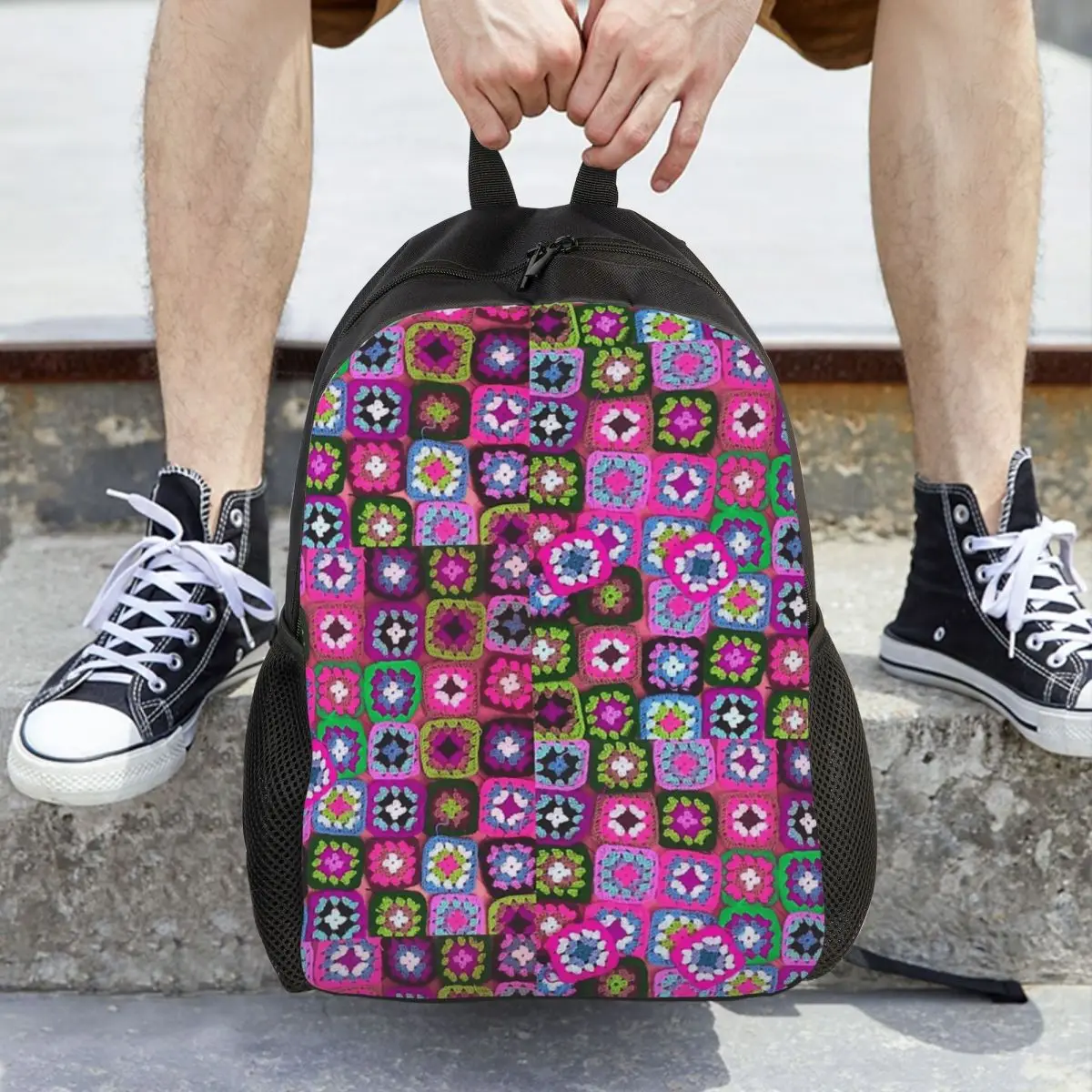 

Crochet Blanket Granny Square Vintage Backpack Hot Sale Daypack Large Capacity BookBag School Bag Shoulder Bags for Men Women