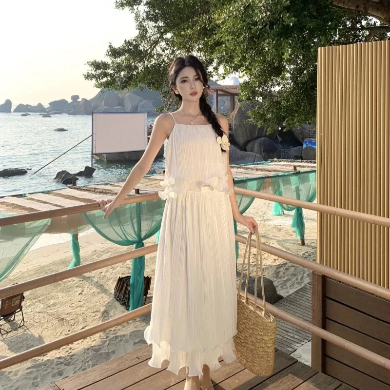 

Lady White Pleated Chiffon Sets Camis Tanks Skirts Suit Women Fairy Sweet Summer Beach Holiday Party Date Dinner Banquets Skirts