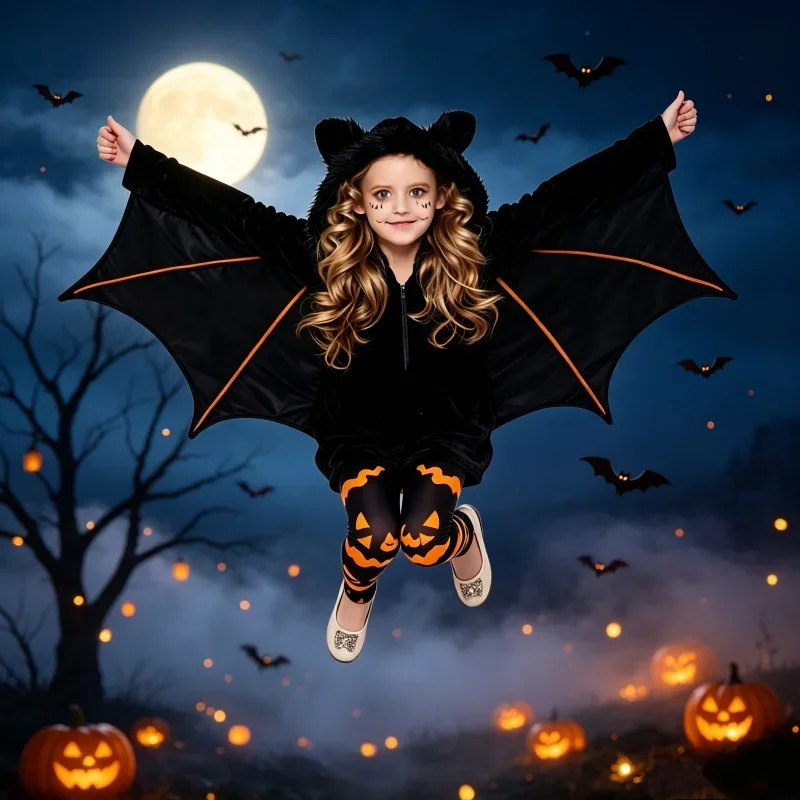Bat Cosplay Costume Party Outfit Includes Hooded Jacket & Pumpkin Pattern Pants Creature Disguise Set Accessories