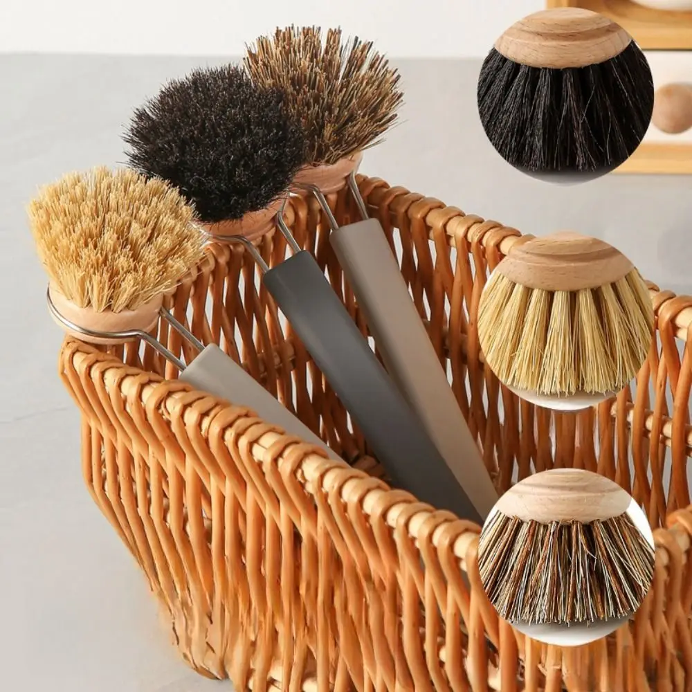 Durable Long Handle Dish Washing Brush Anti Slip Grip Replaceable Brush Head Sisal Bristles Brush Pot Brush Kitchen