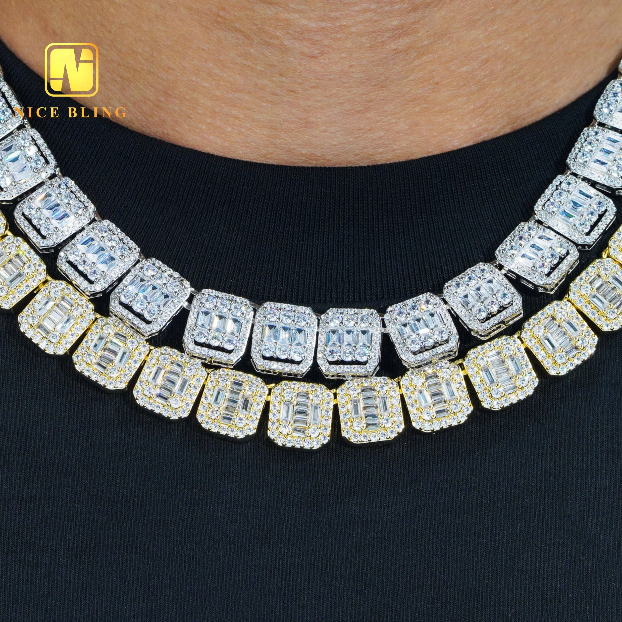 18k Cheap Price Gold Plated Necklace Hip Hop Brass Jewelry 13mm baguette Moissanite Diamond Men Cuban Necklace and Bracelet.