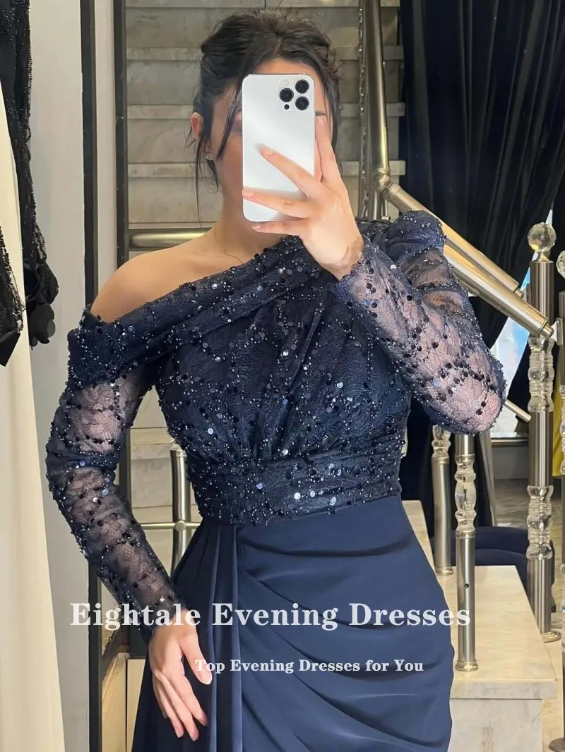 Eightale อาหรับชุดราตรีที่กําหนดเองหนึ่งไหล่เลื่อมลูกไม้ยืด Navy Blue Mermaid Prom Gowns งานแต่งงาน
