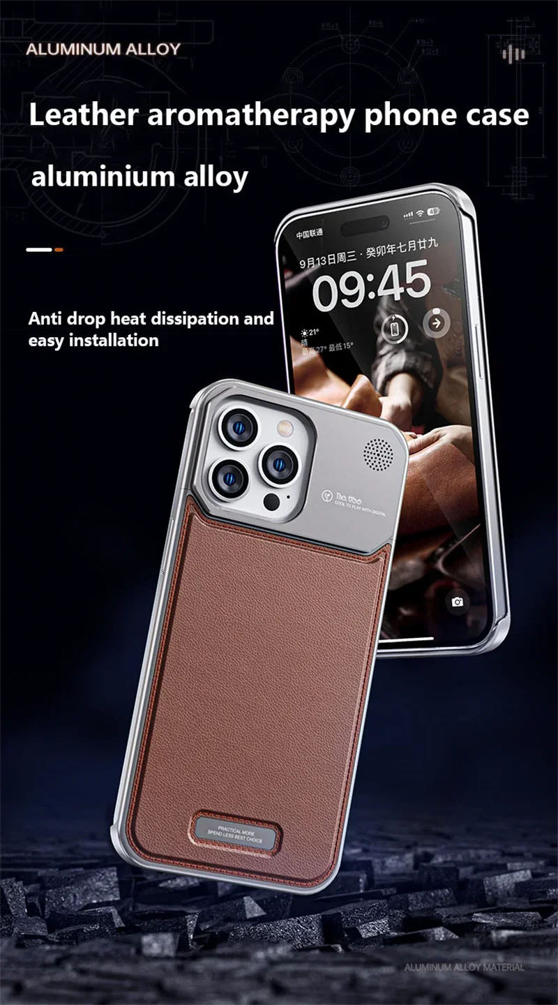 Luxury Leather Metal Integrated Phone Case For IPhone 15 14 13 Pro Max Push-Pull Installation With Aromatherapy Back Cover