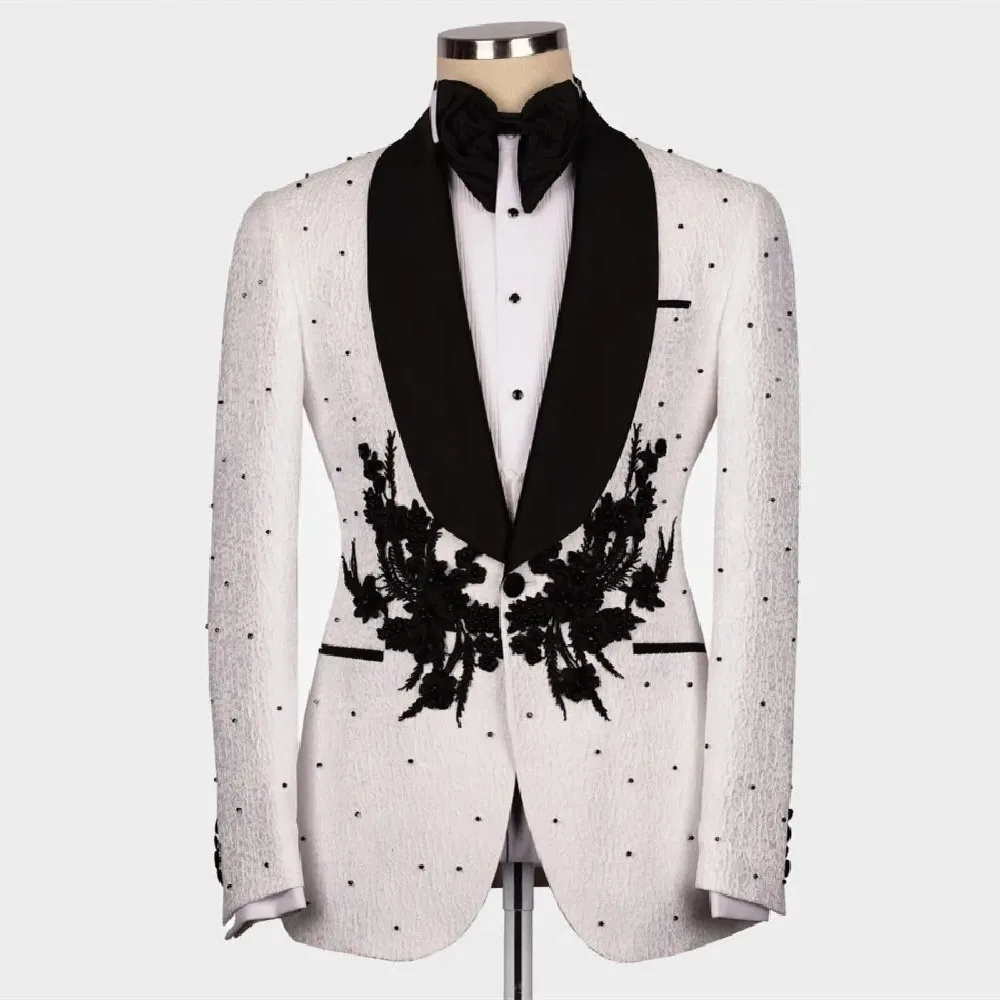 Luxury Flroal Pattern Suits Men With Black Appliques Pearls Blazer Formal Groom Wedding Tuxedos Customized 3 Piece Costume Homme