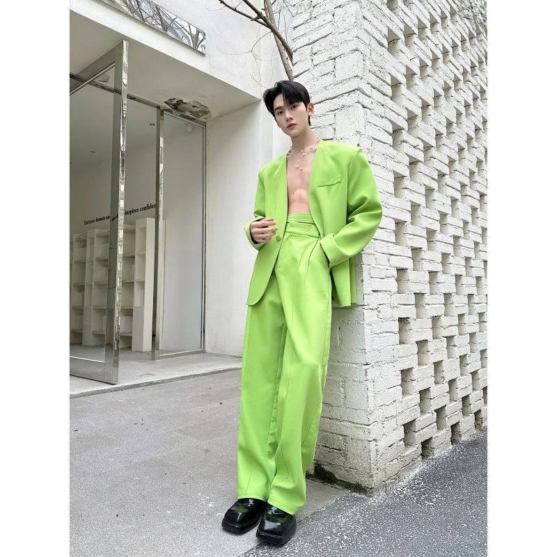 Fluorescent Green No Collar Suit Set Two Piece Male Model High End Feeling Personality Western Clothes Youth Trend Casual Scene