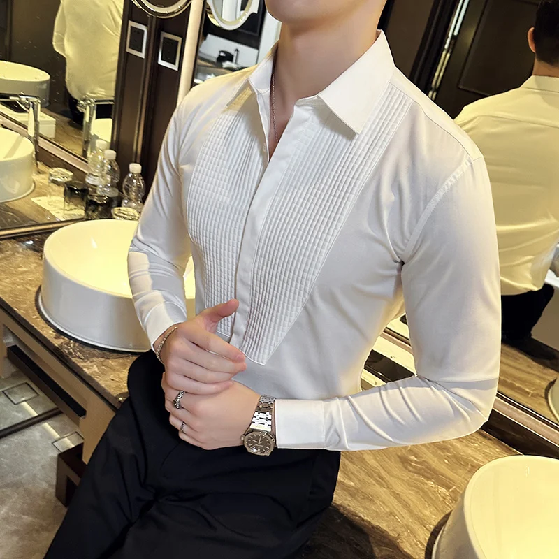 Men's Brand Boutique New Fashion Solid Color Formal Dress Long Sleeve Shirt Groom Wedding Shirt Party Banque