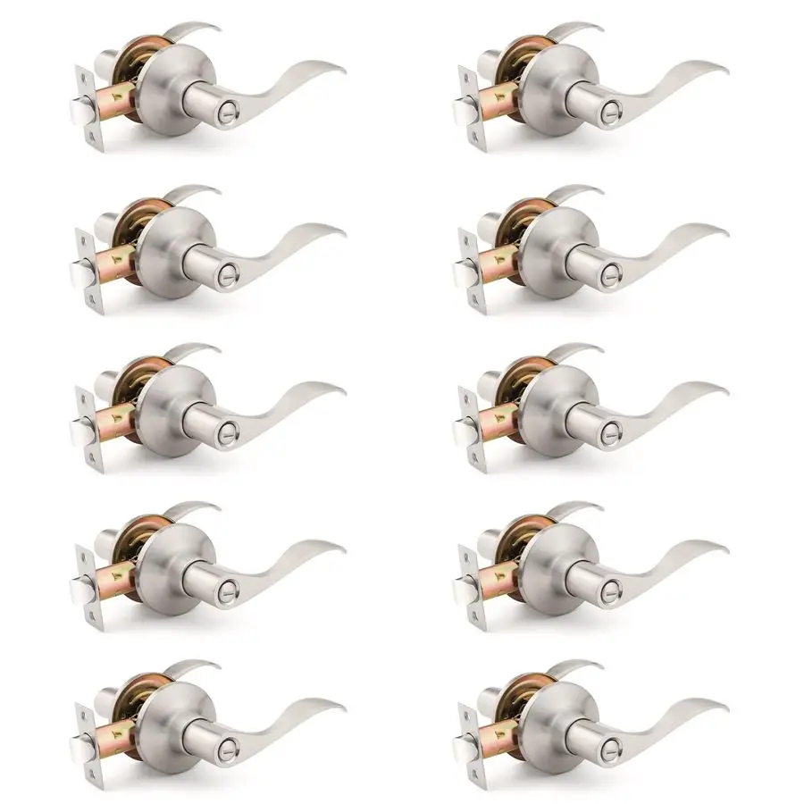

10 Pack Satin Nickel Privacy Door Lever, Modern Interior Door Knobs Locks for Bedroom and Bathroom, Heavy Duty Door Handle, Reve