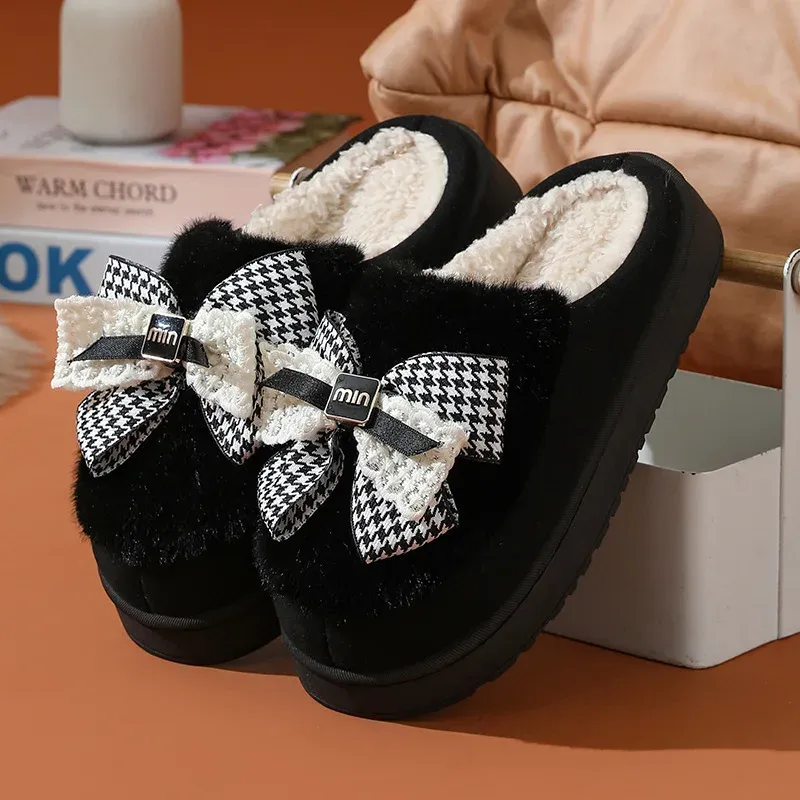  2025 Winter Women's Warm Slippers - Cute Bow Non-Slip Plush House Shoes, Thick Sole Fuzzy Indoor Bedroom Slippers for Home 